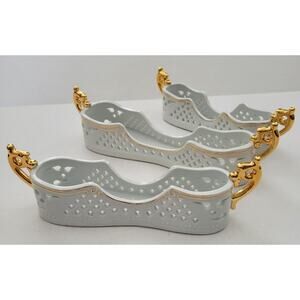 Set of 3 Porcelain Treasures Silverware Buffet Holders White & Gold Trim Handles